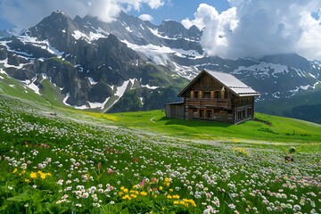 Beautiful summer landscape with meadow and mountain peaks.