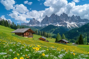 Fototapeta premium Beautiful summer landscape with meadow and mountain peaks.