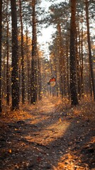 Obraz premium Autumn forest path, butterfly flight, sunlight, falling leaves, nature scene, wallpaper