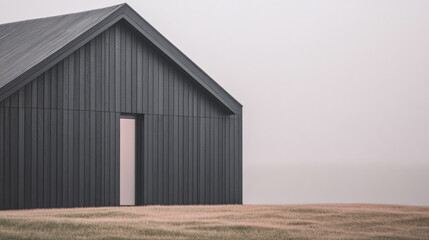 Obraz premium Modern black house on a foggy day in a tranquil landscape