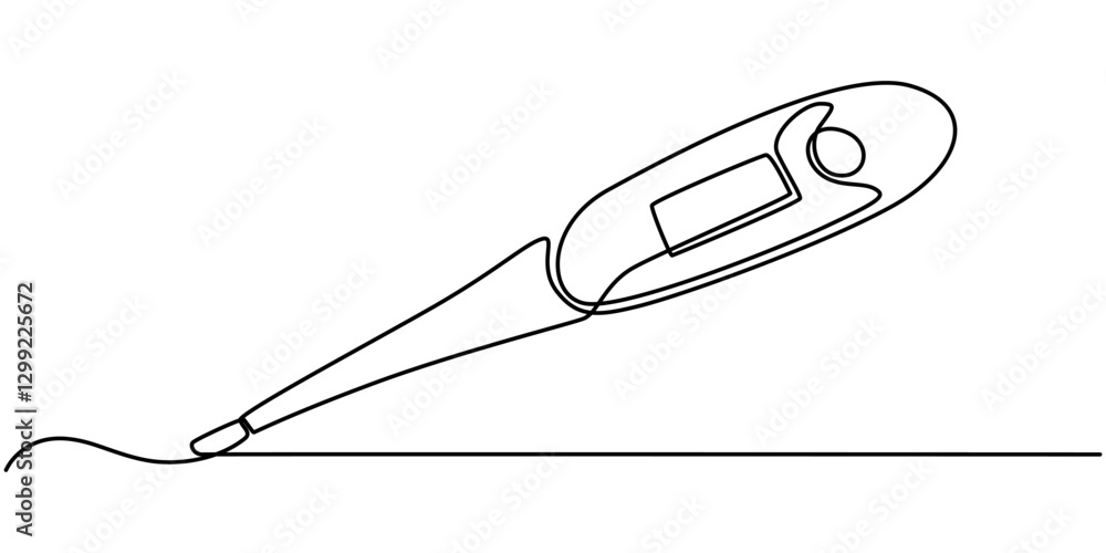 Poster continuous one line drawing of thermometer for measuring air temperature on white background, one co