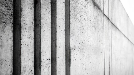 A side-angle perspective capturing the depth of a concrete wall with vertical engraved lines