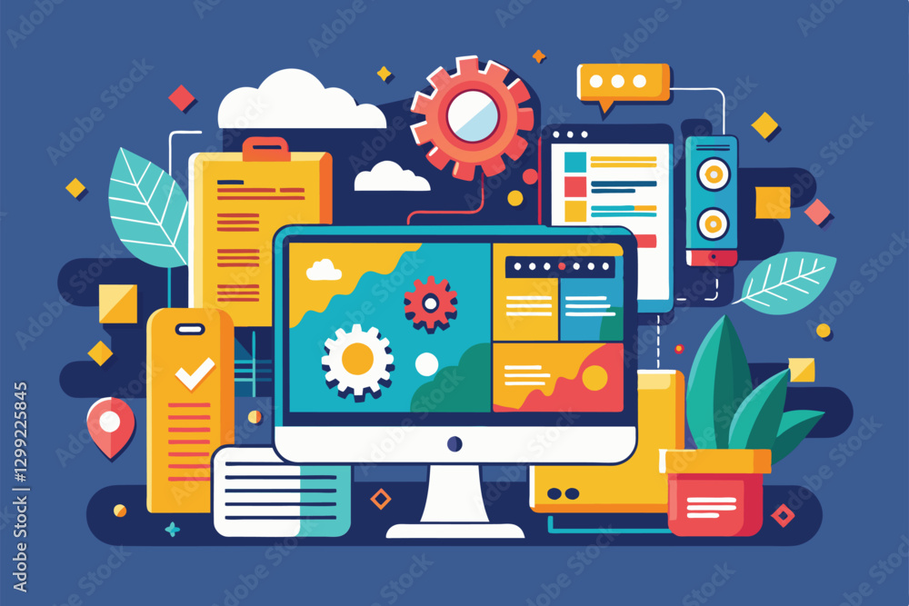 Poster a vibrant illustration of a digital workspace featuring open source tools and customizable designs, 
