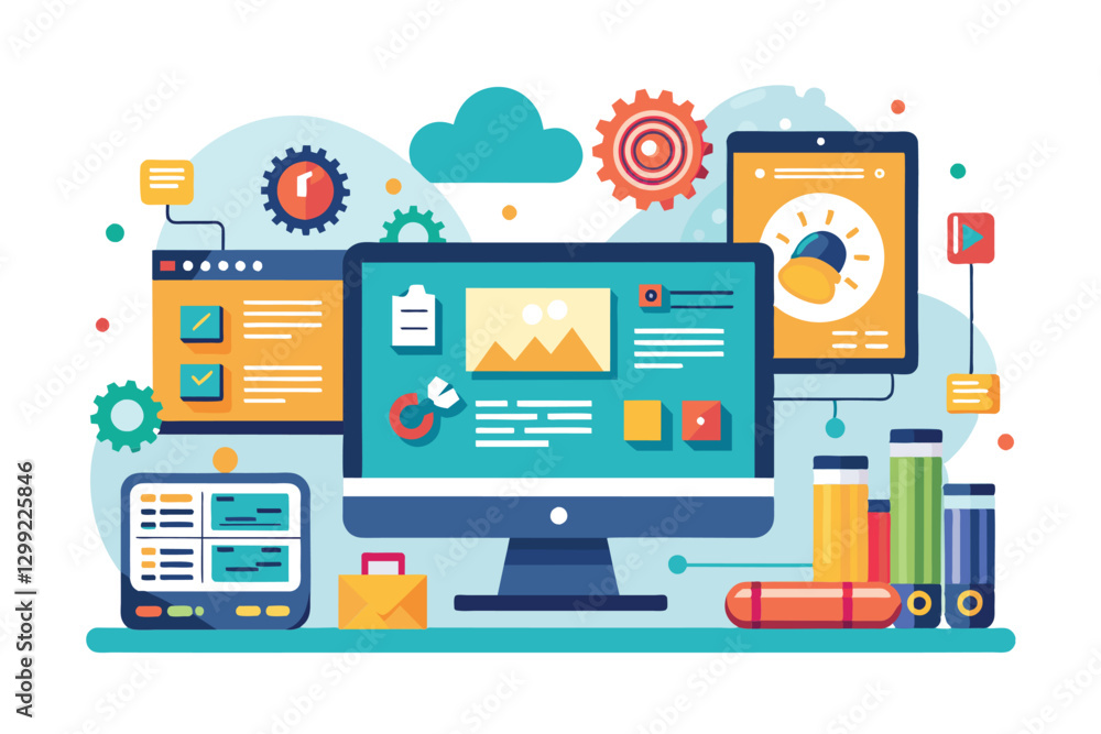 Aufkleber a vibrant flat design showcases a computer surrounded by digital tools and resources for developers,