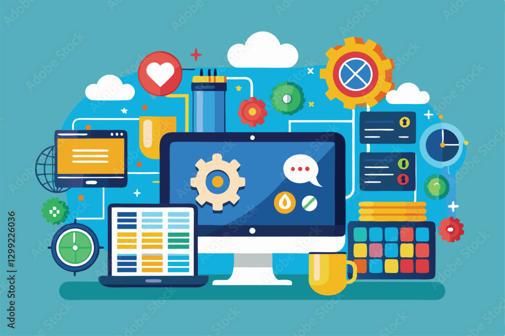 Poster this illustration showcases a vibrant customizable operating system with various digital tools and i