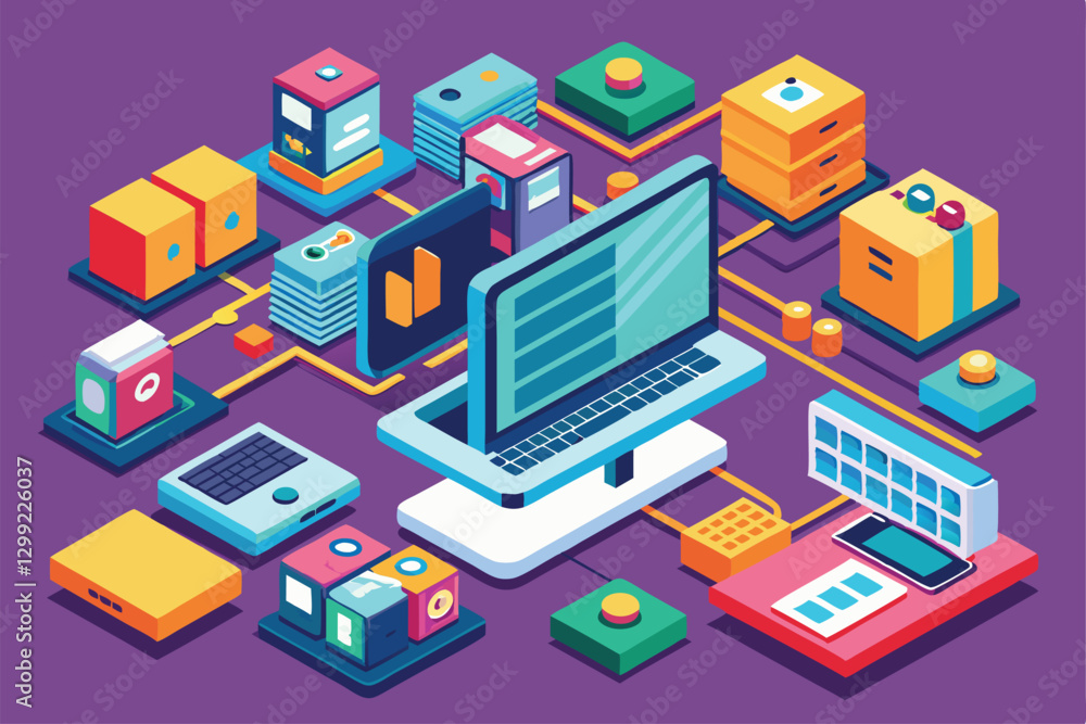 Poster a vibrant isometric design showcasing a customizable operating system with various devices and appli
