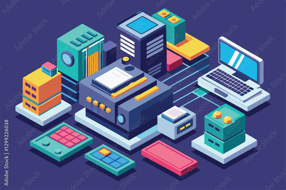 Poster a detailed depiction of a dynamic operating system setup featuring various computing devices and com