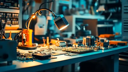 Workbench with electronic components and tools illuminated by a desk lamp in a workshop setting - Powered by Adobe