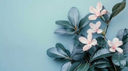 Fototapeta premium Pastel magnolia blossoms and leaves on a light blue background