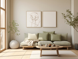 Spring minimalist japandi and wabi sabi inspired modern living room interior with sage walls, light color couch, minimalist decor in sage color