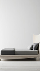 Modern minimalist bedroom design featuring a simple bed with gray bedding and neutral tones