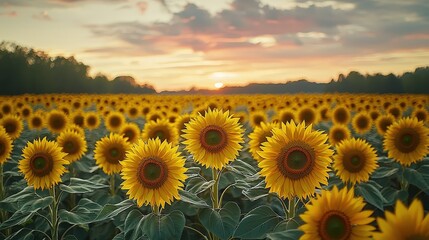 Fototapeta premium Sunflower field at sunset capturing nature's beauty and vibrant colors in serene landscape