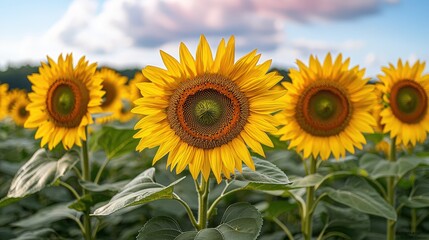 Obraz premium Vibrant sunflowers blooming in a field under a partly cloudy sky