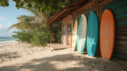Coastal surf retreat with colorful surfboards on a sandy beach shoreline