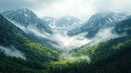 Obraz premium Tranquil mountain valley with mist and snow-capped peaks in serene nature landscape