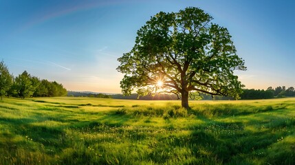 Naklejka premium Lonely tree in the meadow at sunset. Summer landscape