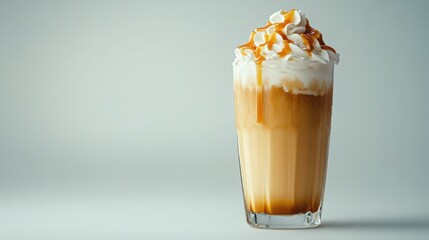 A side-angle shot of a tall glass of creamy frappuccino, topped with whipped cream and caramel drizzle