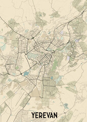 This detailed map showcases the city of Yerevan, Armenia, with a focus on its street network and surrounding landscape. The map is rendered in a minimalist style