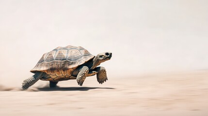 Obraz premium A side-angle shot of a tortoise walking across the sand, isolated on a white backdrop