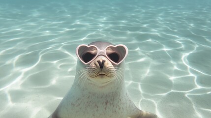 Cute seal wearing heart-shaped sunglasses underwater in tropical ocean