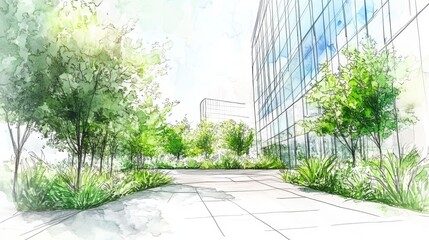 Watercolor Painting Of A Tranquil City Park Path