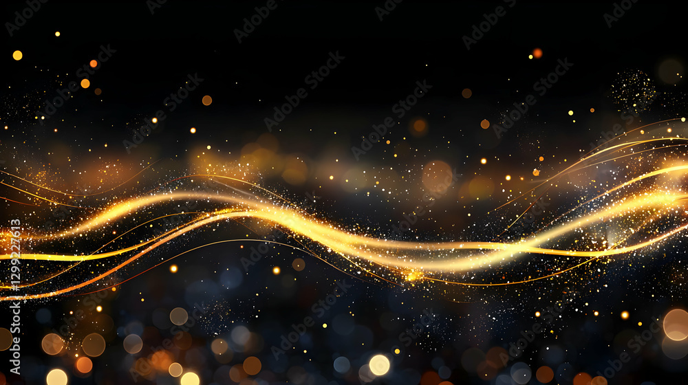 Poster abstract golden light wave sparkle bokeh effect on dark background