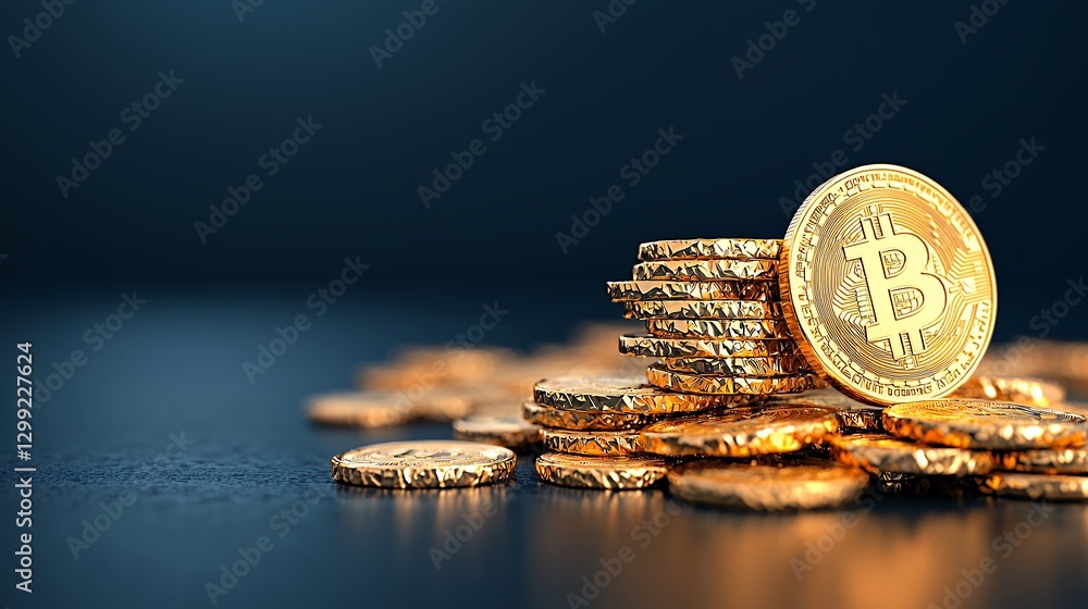Poster stacked bitcoin coins on dark surface with soft lighting effects