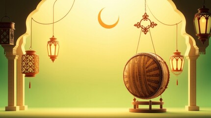 Ramadan Mubarak Elegant Islamic Drum with Lanterns and Crescent Moon