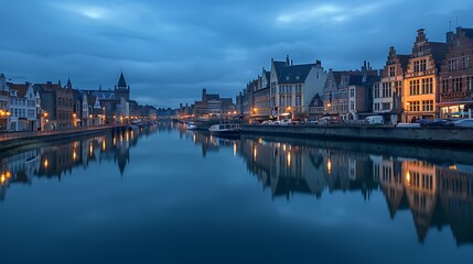 Obraz premium a river with buildings and a sunset