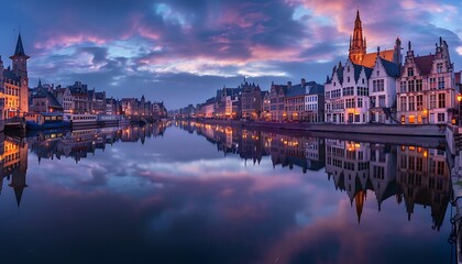 Obraz premium a river with buildings and a sunset