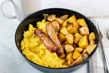  breakfast sausage  with scramble eggs and home fries
