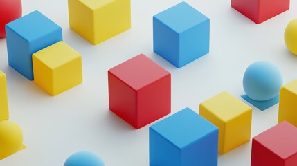 Obraz premium A simple yet vibrant minimalist scene with isometric cubes in bright primary colors red, blue, and yellow on a white background