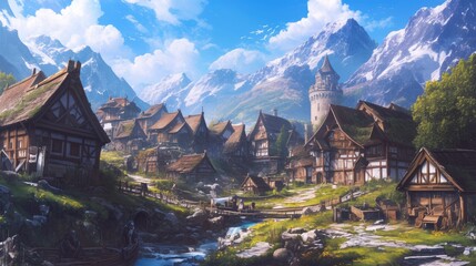 Obraz premium Medieval fantasy village with timber-framed houses, a watchtower, and a flowing stream set in a mountain valley. Ideal for storytelling, world-building, and adventure concepts
