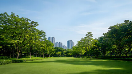 Fototapeta premium Green Park With Lush Trees And Lawn Under Blue Sky With City Buildings In The Distance