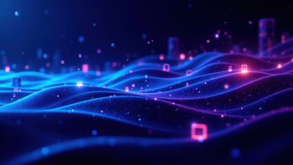 Fototapeta premium Futuristic digital landscape with abstract waves of light representing cloud computing and virtual environments.