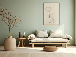 Spring minimalist japandi inspired modern living room interior with sage walls, light color couch, minimalist decor in sage color