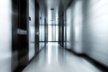 Naklejka premium Modern office hallway, bright windows, motion blur, corporate background, business