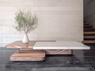 Modern wooden coffee table with minimalist design and vase in contemporary interior setting