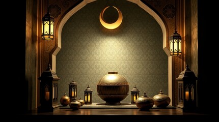 Elegant Ramadan Lantern Scene with Golden Urn