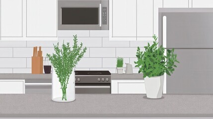 Modern Kitchen Design with Fresh Herbs and Plants: A Simple and Stylish Interior