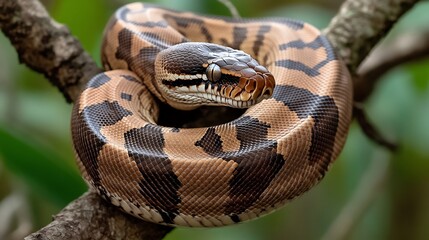 Obraz premium Massive Boa Constrictor wrapped around a tree branch its thick body covered in mesmerizing brown and tan patterns head poised to strike