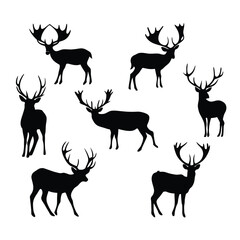Deer Silhouettes: Vector Illustration of Buck Stag with Antlers, Wildlife Animal Art, Black and White Graphic Design Element for Prints