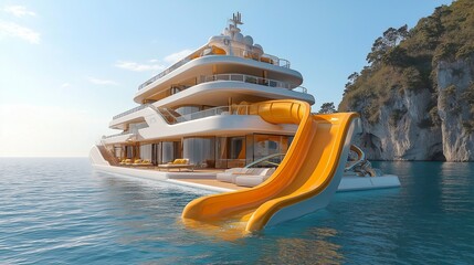 Naklejka premium Luxurious yacht with water slide anchored near rocky coastline