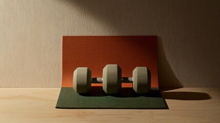 Flat lay of yoga essentials: top-view minimalist workout gear arrangement.