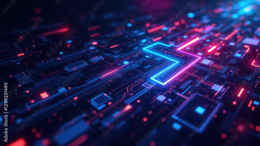 Poster a vibrant digital abstract art piece featuring neon grids that represent ci/cd pipelines and kuberne