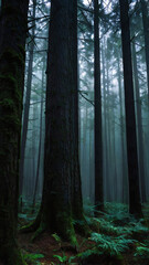 Fototapeta premium This image depicts a mist shrouded forest with tall, dark tree trunks covered in moss.