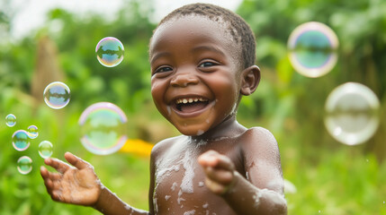 Happy child playing with bubbles in the air outdoors