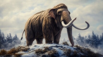 Obraz premium Majestic Woolly Mammoth standing atop an icy tundra hill its thick fur rippling in the wind towering tusks gleaming under the frozen sun