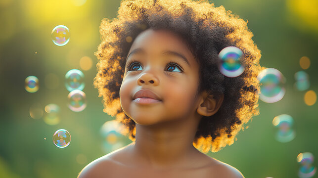 Happy child playing with bubbles in the air outdoors