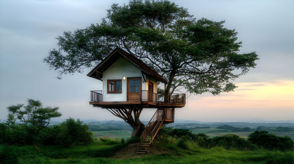 Elevated Wooden Treehouse Surrounded By Lush Greenery Under Cloudy Sky During Twilight